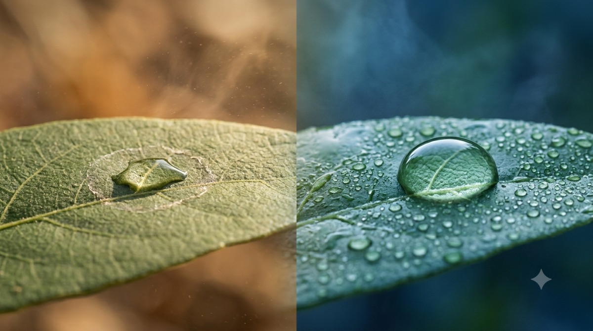 Agricultural spray backlit by mid-morning sun, fine droplets evaporating in the air before reaching the crop