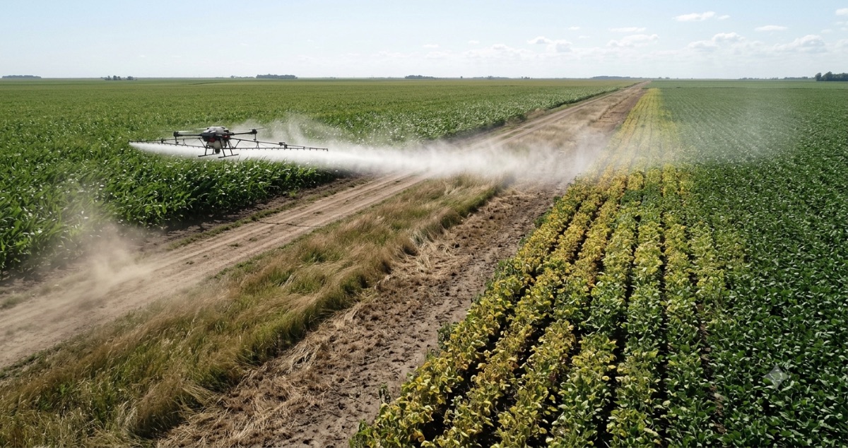 Agricultural application beside a neighboring field boundary, the droplet cloud carried by the wind