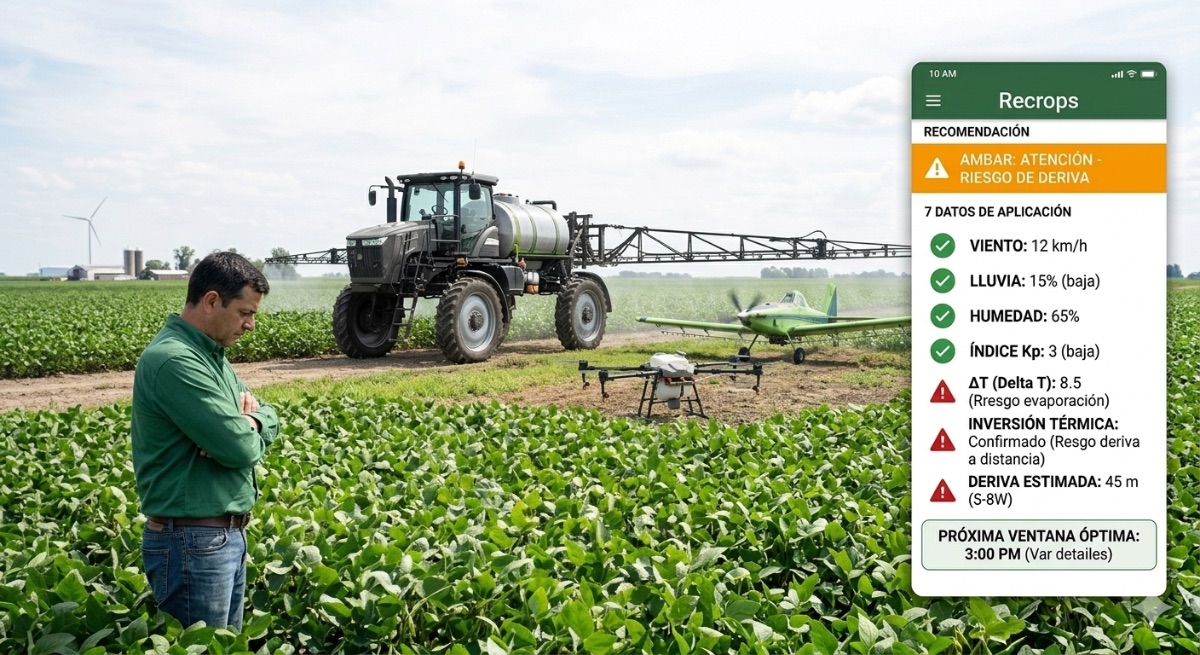 Applicator checking the day's conditions before deciding whether to spray, with the crop and loaded equipment behind